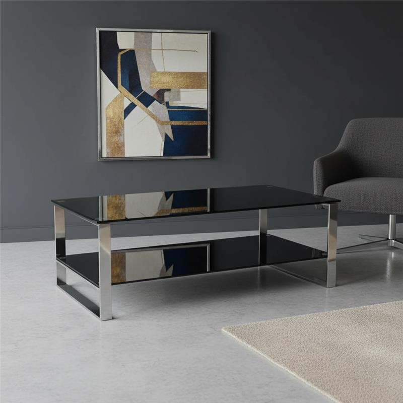 Hetki Coffee Table with Tempered Glass and Stainless Steel Base Black