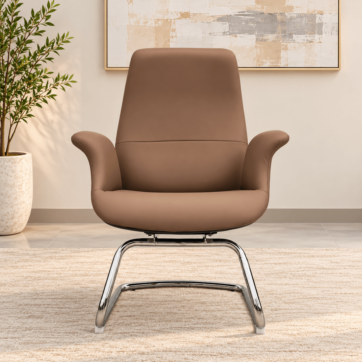 Yensi Elegant Brown Leather Visitor Chair in Minimalist Interior