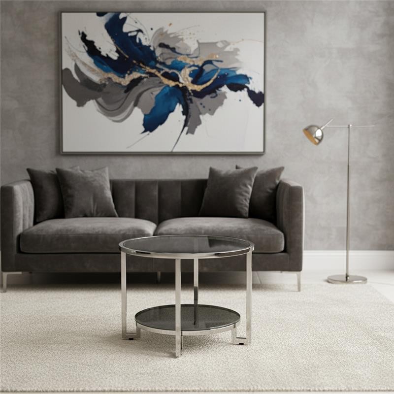 Romu Coffee Table with Stainless Steel Frame and Grey/White Tempered Glass (Grey/White+Silver)
