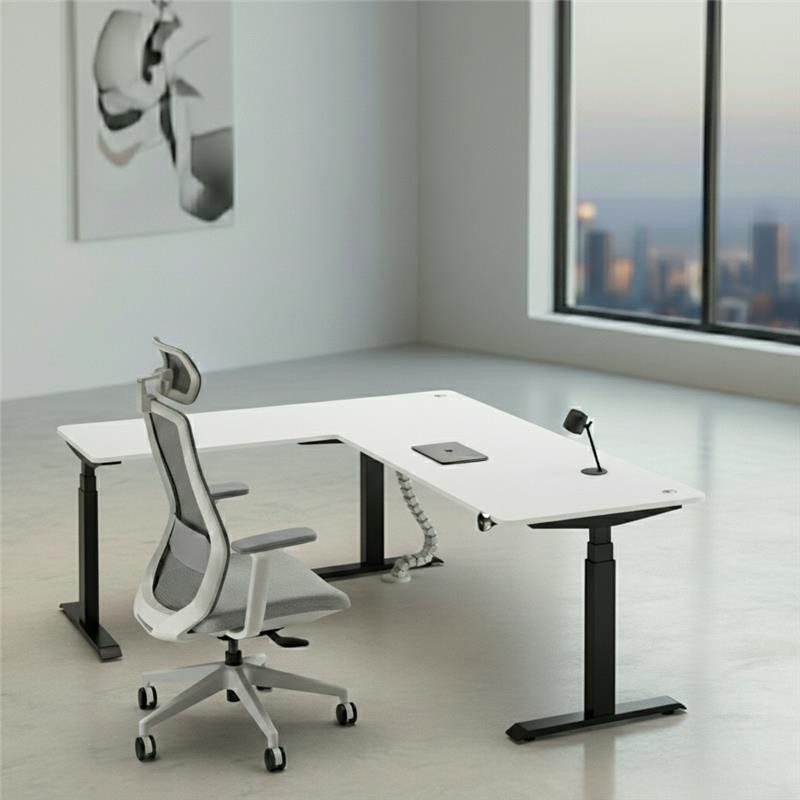 Bugal Pro Series L-Shaped Electric Adjustable Height Standing Table (White + Black)