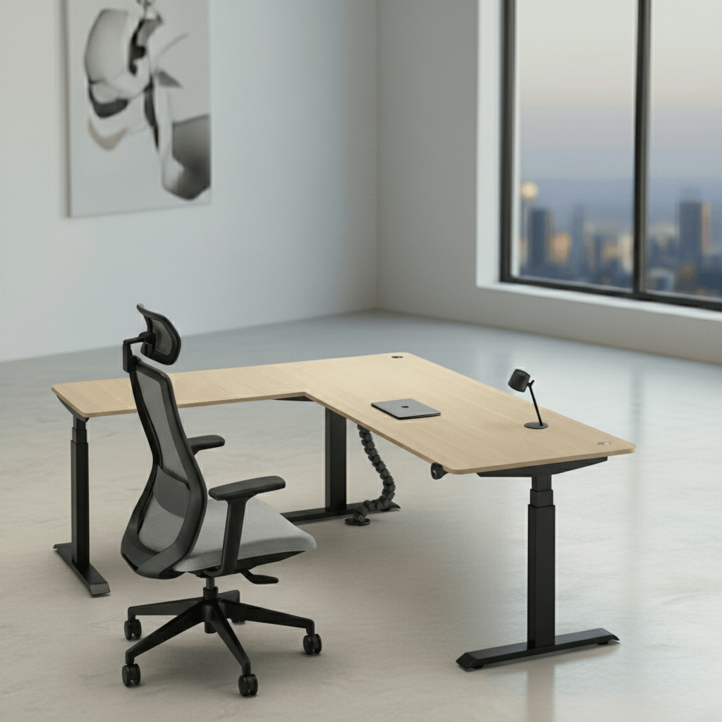 Bugal Pro Series L-Shaped Electric Adjustable Height Sit Stand Table (Beige + Black)
