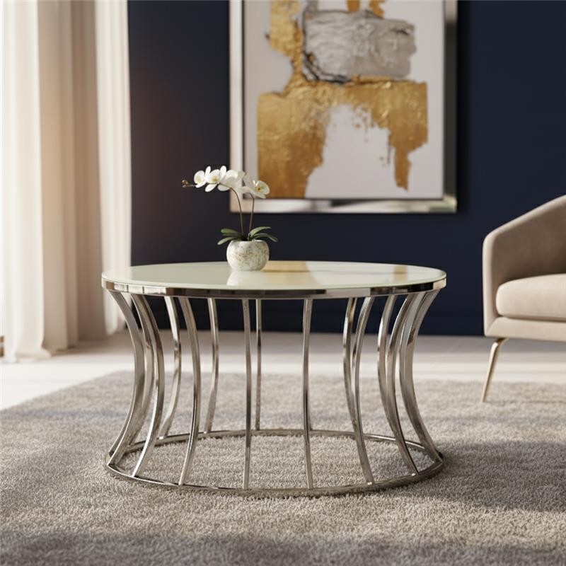Masum Coffee Table with Stainless Steel Frame and Tempered Glass (White+Silver)