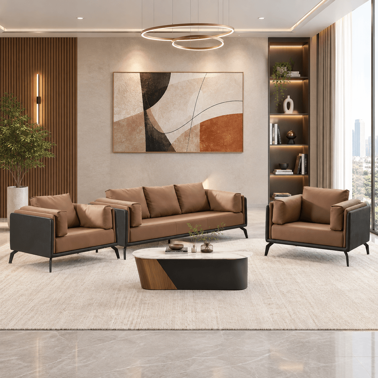 Safire Leather Office Sofa Set – 3+1+1, Brown