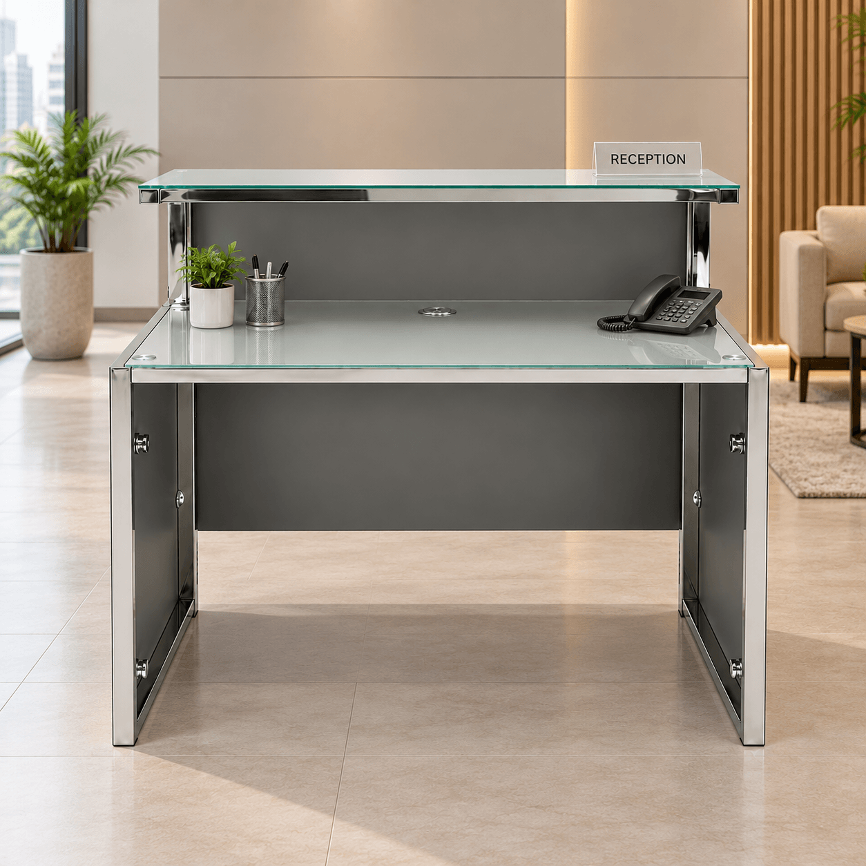 Qisart Reception Desk, Tempered Glass & Metal Frame