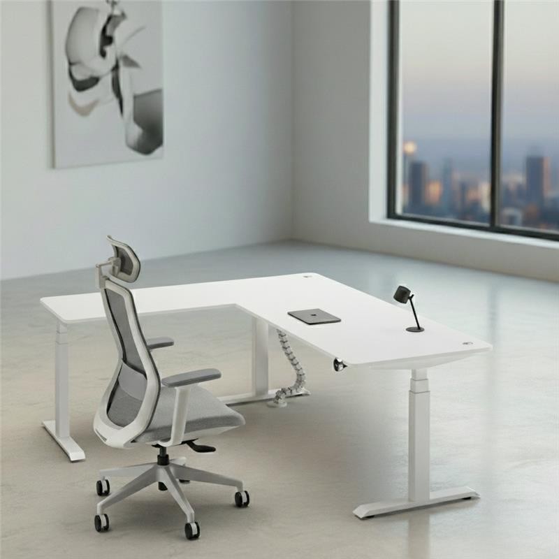 Bugal Pro Series L-Shaped Electric Height Adjustable Sit Stand Desk (White + White)
