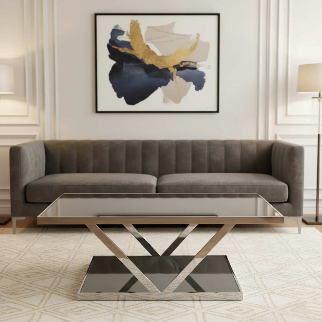 Rimdino Coffee Table with Stainless Steel Frame and Grey Tempered Glass (Grey+Silver)