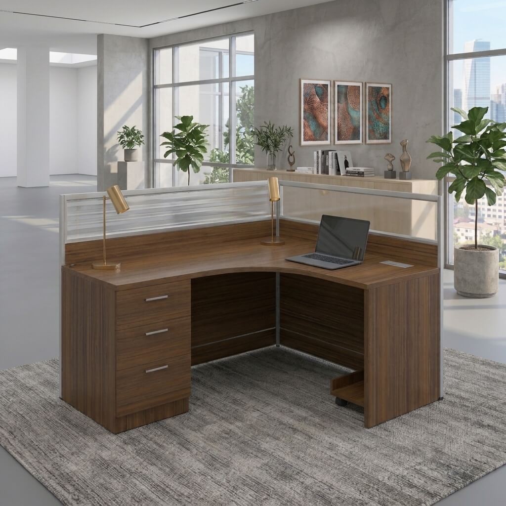 Burt office Workstation L-Shape Corner with Moveable Drawers, Brown Color