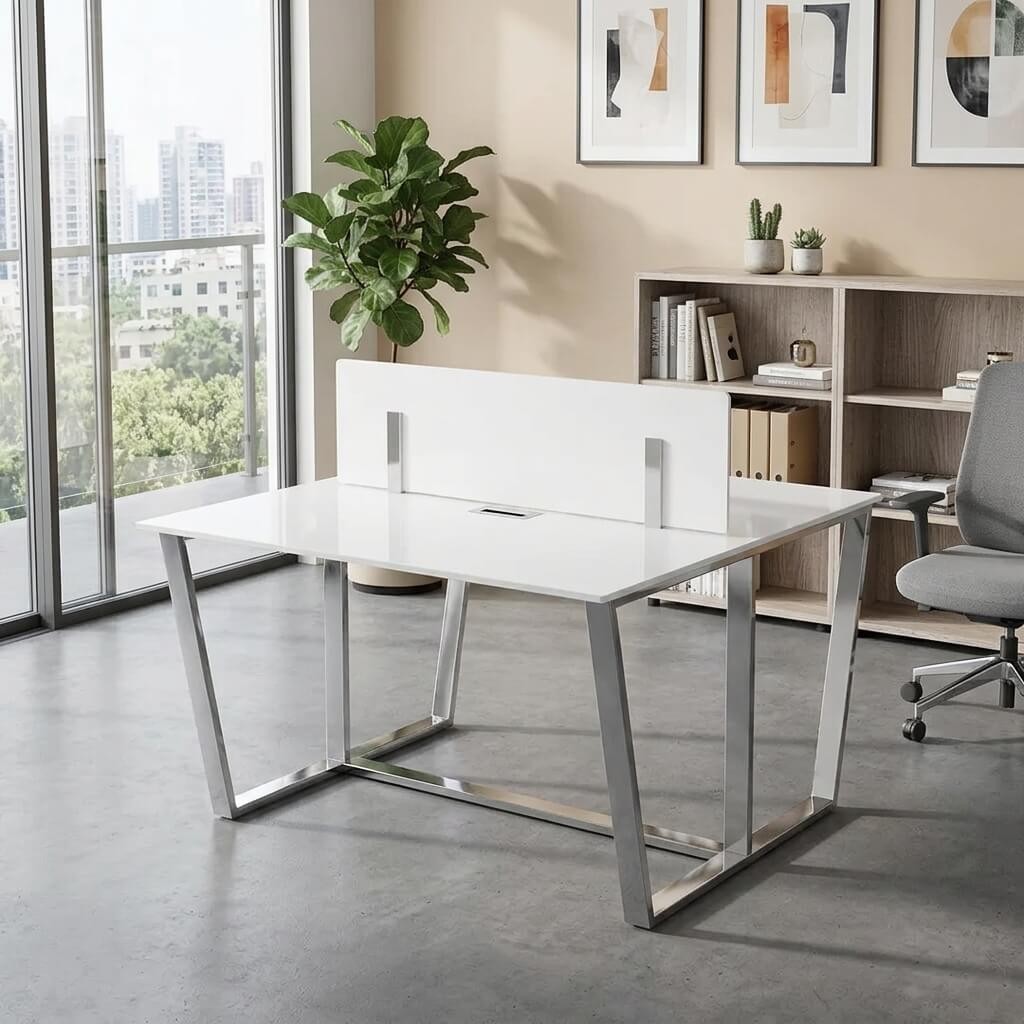 Qisart Office Workstation for 2 Person with Tempered Glass, White Color
