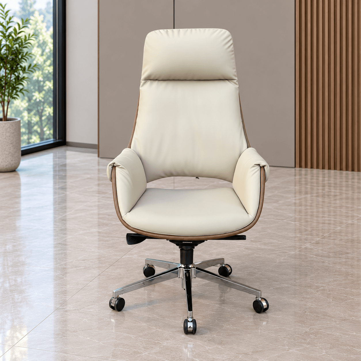 Mesk Executive Office Chair Off-White Leather with Chrome Base