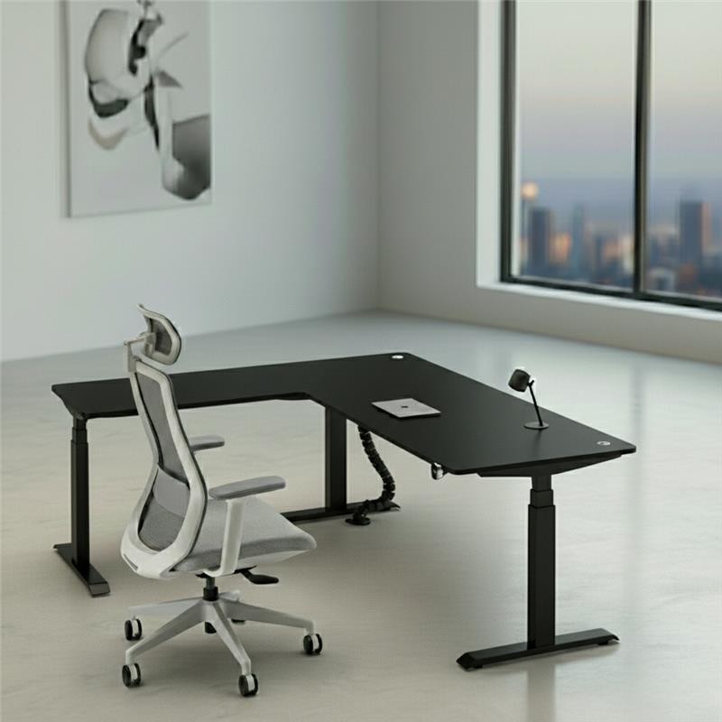 Bugal Pro Series L-Shaped Electric Height Adjustable Standing Desk (Black + Black)