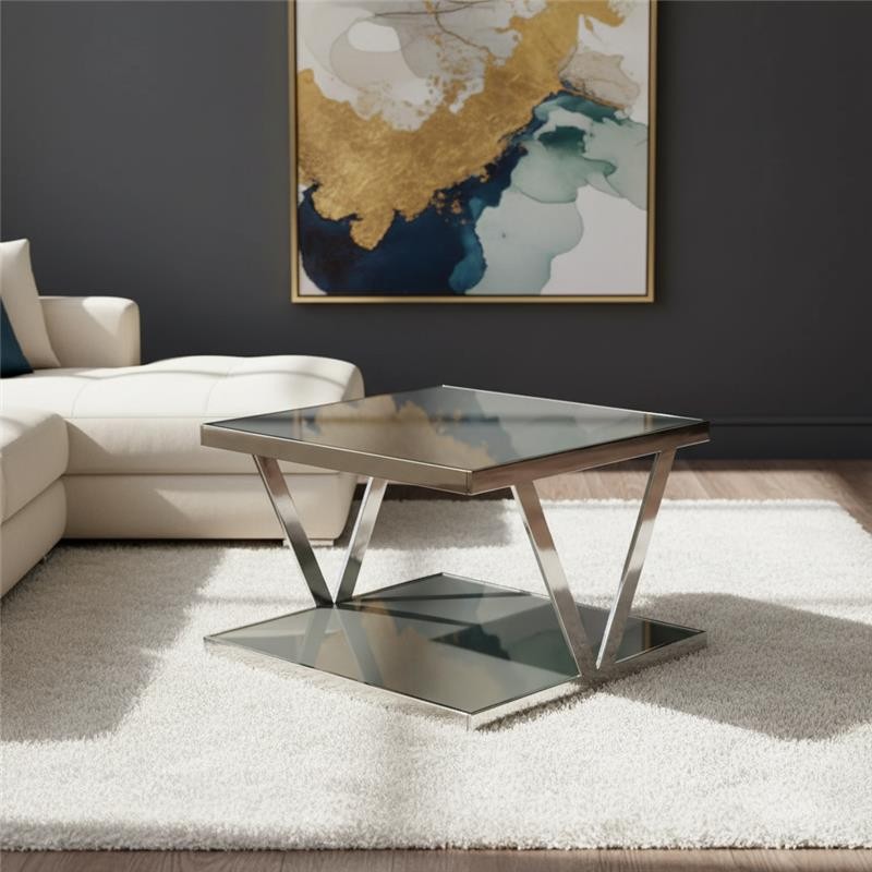 Cimbo Square Coffee Table Grey Tempered Glass with Stainless Steel Frame
