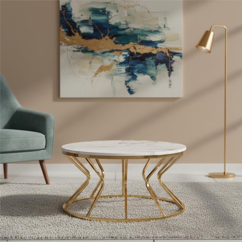 Gonmi Round Marble Coffee Table with Gold Stainless Steel Base (White+Gold)