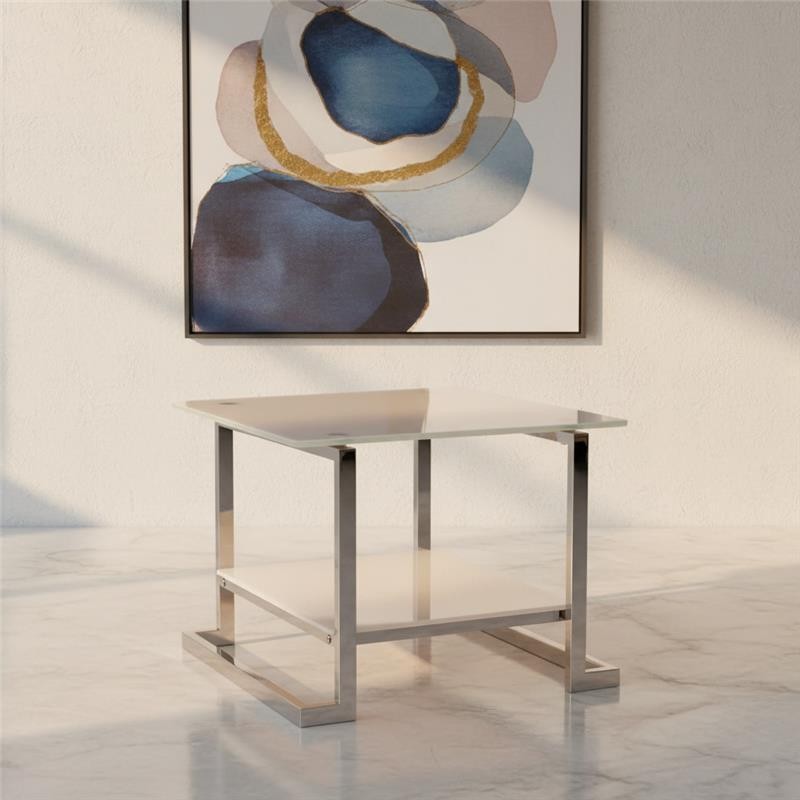 Numino Coffee Table with Stainless Steel Frame and Tempered Glass (White+Silver)